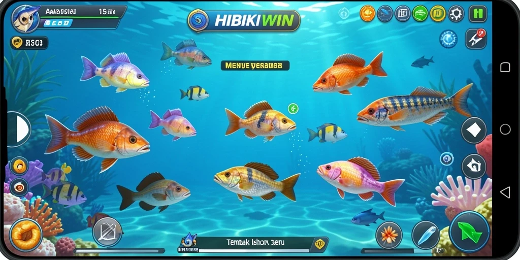 Screenshot gameplay HIBIKIWIN menampilkan aksi menembak ikan yang seru.