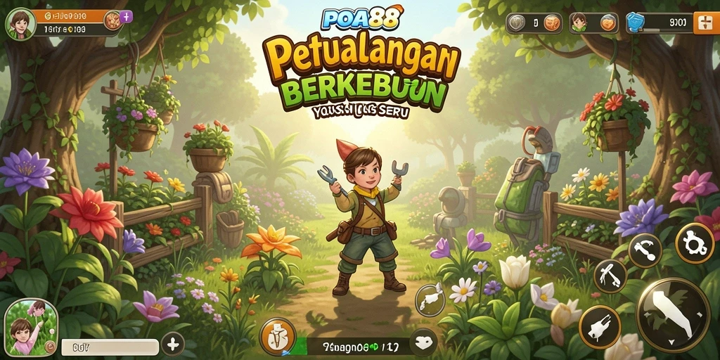 Screenshot gameplay POA88 menampilkan kebun yang subur dan hewan-hewan lucu.